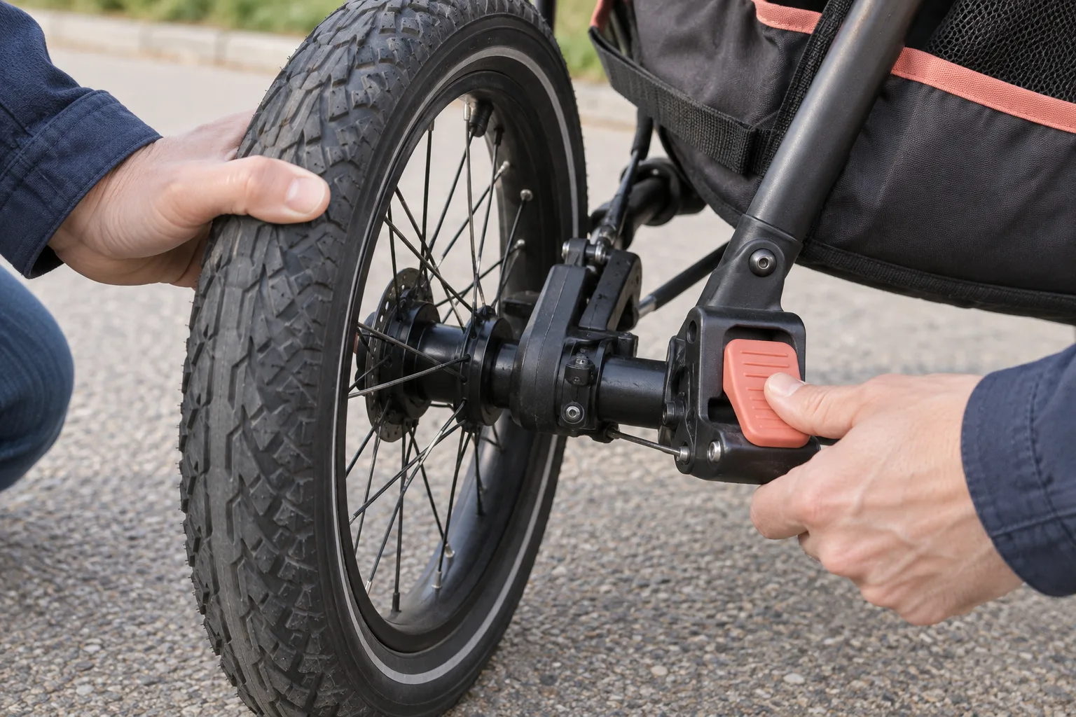 Vérification de la roue arrière et du frein d’une poussette de running d’occasion